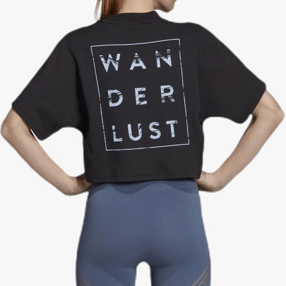 Adidas Cropped Wanderlust Thick Short Sleeve Black Shirt Sz Small Side Pocket - Picture 12 of 13